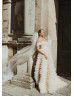 Off Shoulder Champagne Tulle Ruffled Luxurious Wedding Dress